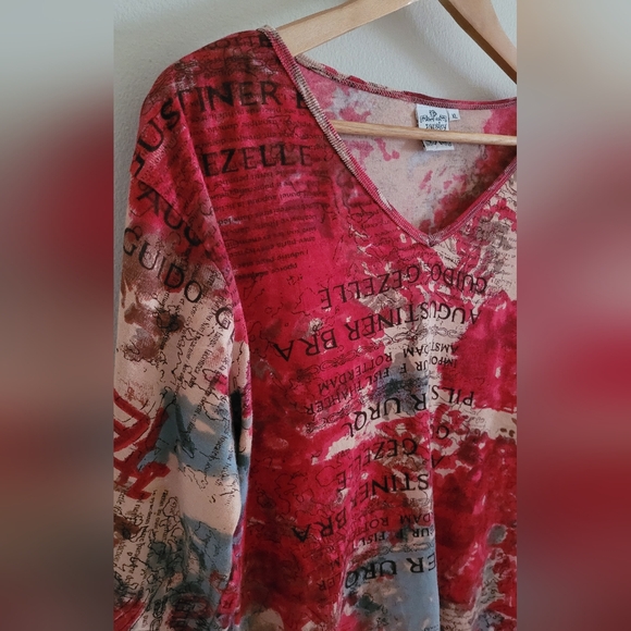 Parsley & Sage Printed Vneck Top, Women's XL, Red, Tan & Sky Blue - Picture 2 of 7